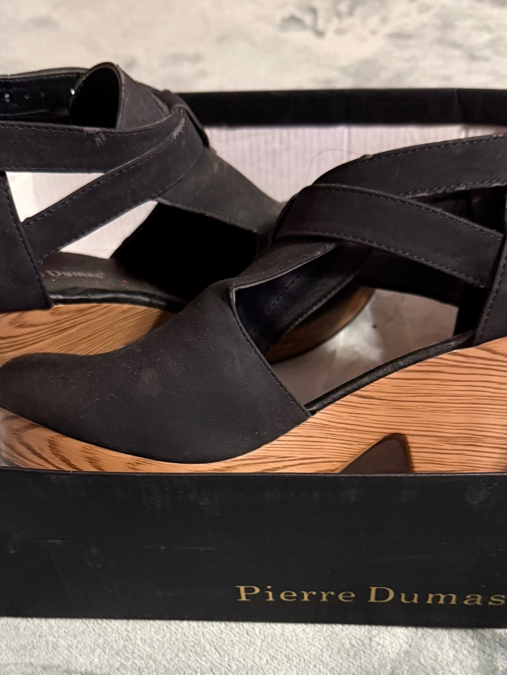 Pierre Dumas Black Crisscross Wedge Sandals with Wood-Effect Platform